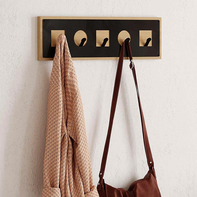 Wall Hanger SHORTY Oak - Black, featuring a sleek design with five metal hangers, perfect for stylish organization.